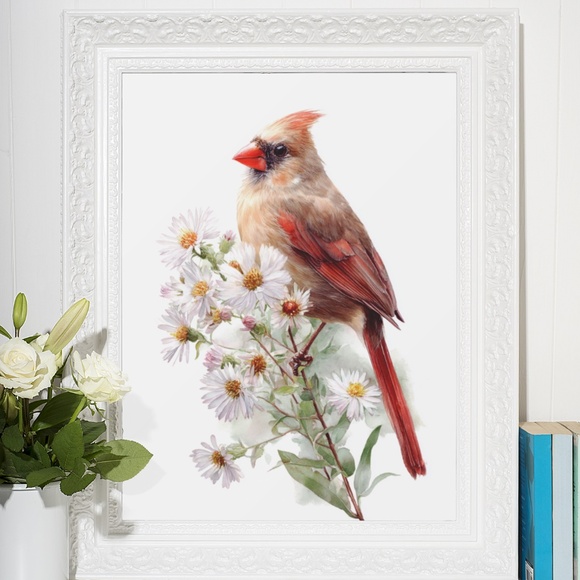 Watercolor Female Cardinal Bird with Flowers Wall Art Print Unframed - Picture 6 of 6